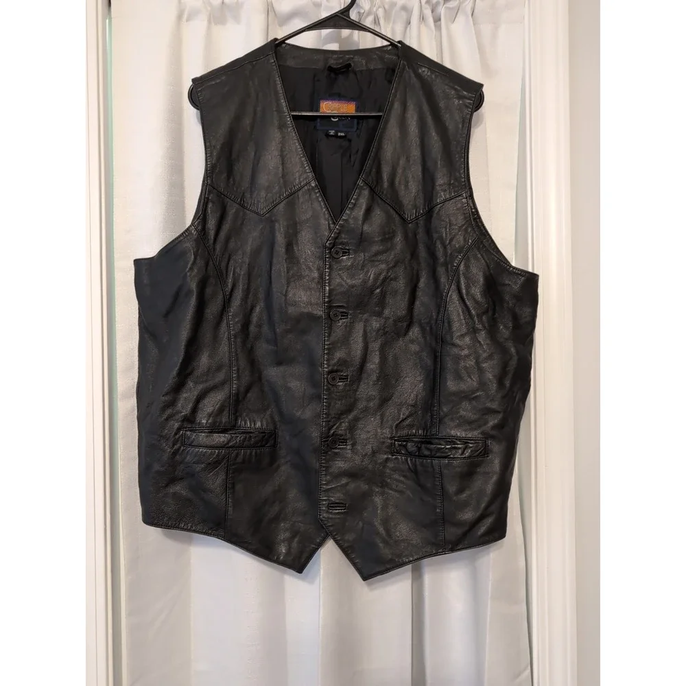 Black Leather Vest Mens Sleeveless‎ Button Up Biker Western Cowboy XXL